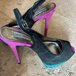 Steve Madden suede 6” heels - black, hot pink and turquoise rhinestones size 7.5